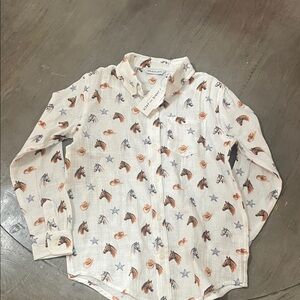 Janie and Jack White Button Down Shirt with Brown and Blue Print